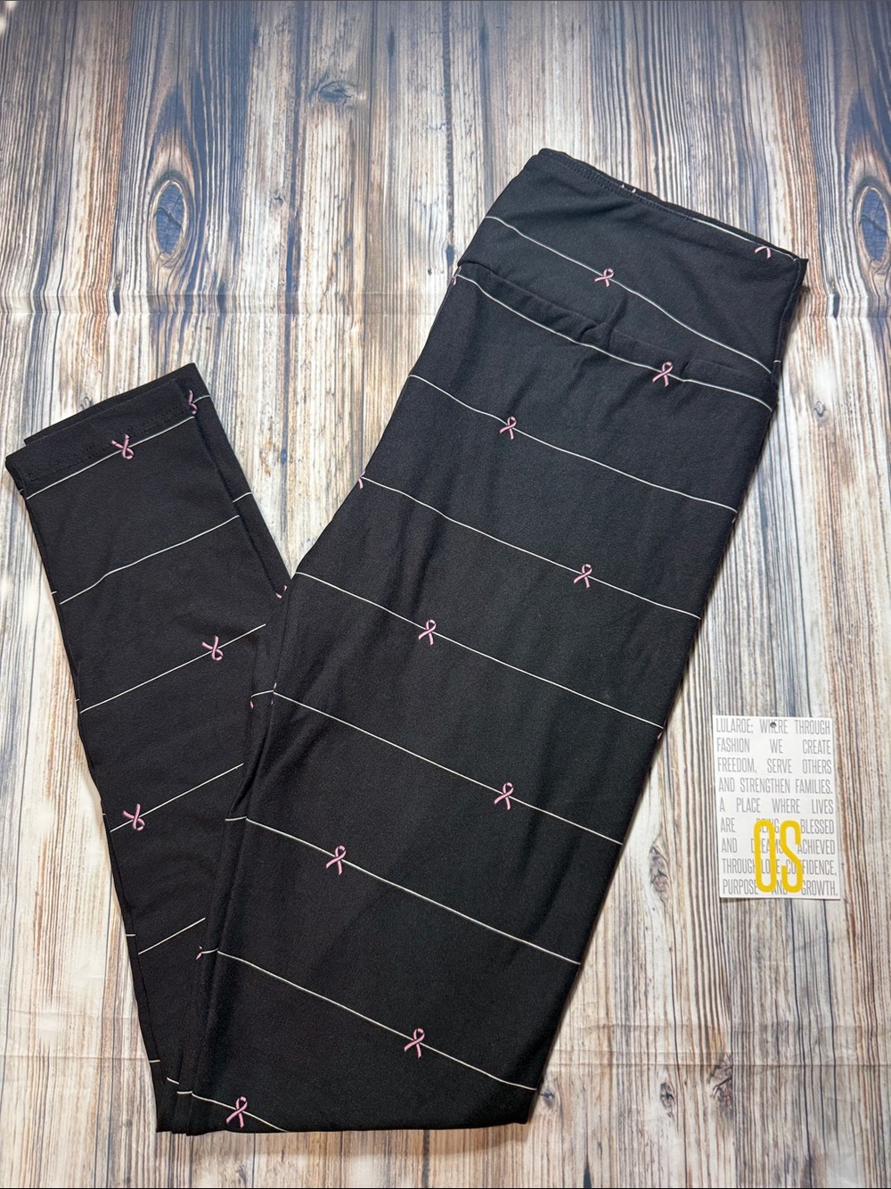 LuLaRoe Black Leggings with Pink Bow Stripe Detail Breast Cancer Awareness